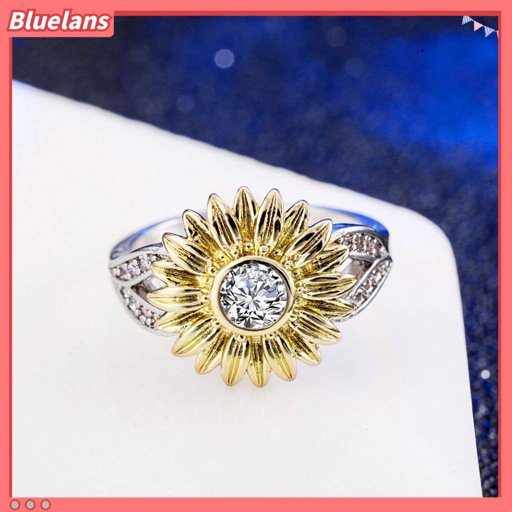 [BLS] Rhinestones Cincin Mengkilap Berlapis Emas Bunga Matahari Paduan Cincin Temperamen Perhiasan Aksesoris Wanita Elegan Jari Cincin Indah Perhiasan Hadiah Untuk Hari Valentine