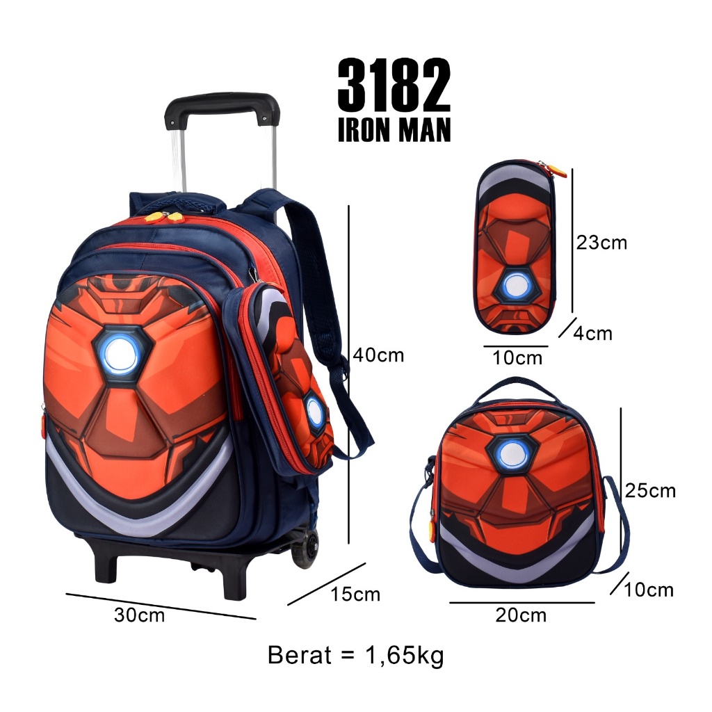 Tas Trolly Cartoon 3182 Tas 3 IN 1 Sekolah Anak Cowok Dan Perempuan Premium (Batman,Captain,Frozen,Ironman,Spiderman,Superman,Unicorn)