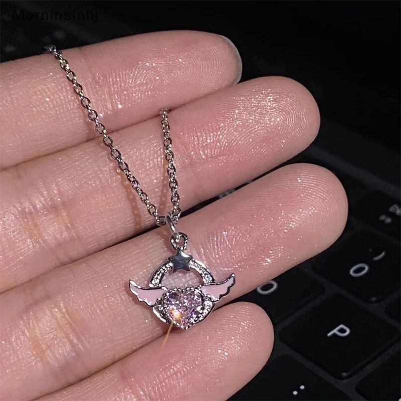 Mornin Warna Perak Kristal Sayap Malaikat Hati Liontin Kalung Wanita Gadis Sederhana Pink Zirkon Cinta Elegan Kalung Wanita Perhiasan id