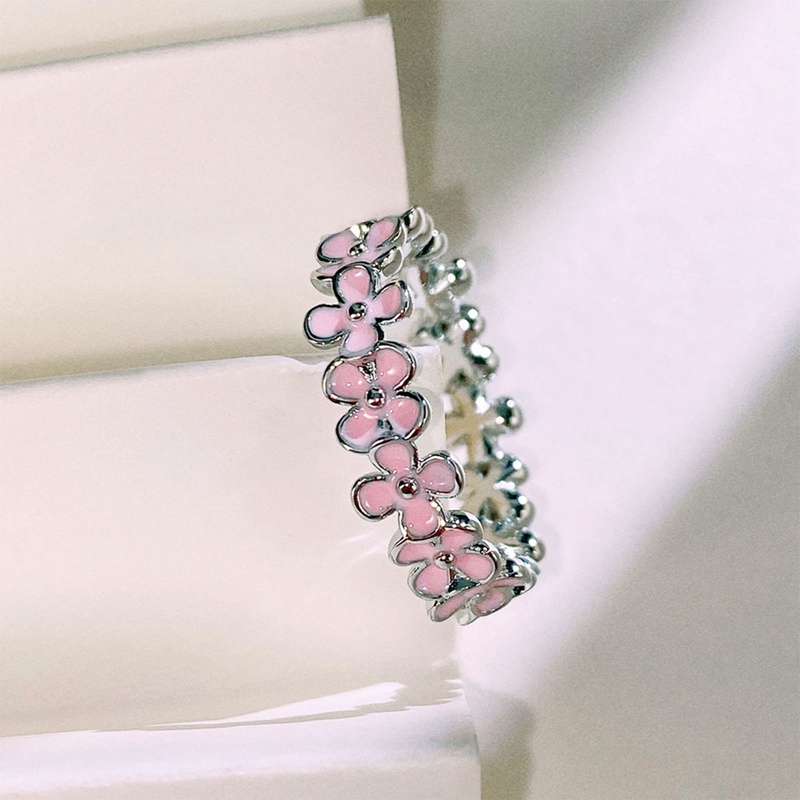 Wanita Temperamen Segar Kecil Warna Pink Bunga Cincin Tembaga Perhiasan Hadiah Ulang Tahun