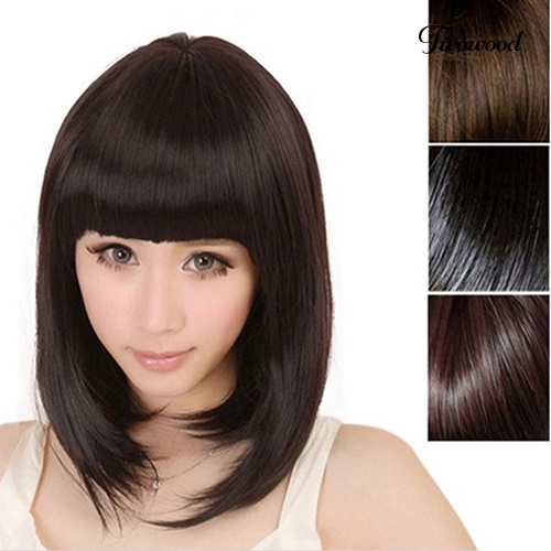 Twowood Wanita Full Poni Pendek Lurus BOBO Rambut Sintetis Cosplay Pesta Full Wig