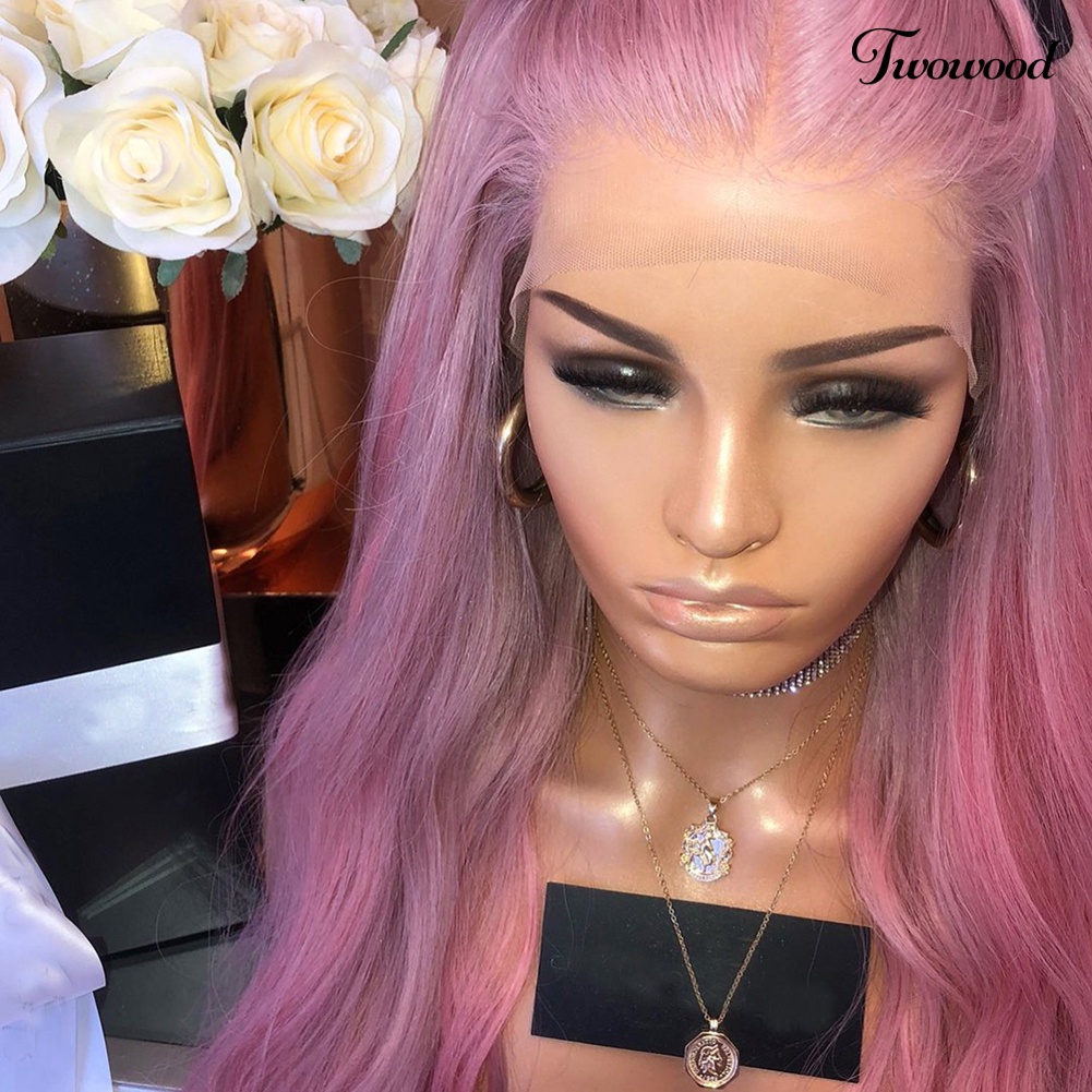 Twowood Fashion Pink Panjang Bergelombang Belah Samping Wig Alami Wanita Cosplay Pesta Sopak