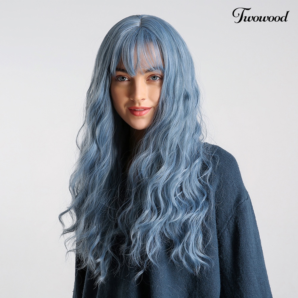 Twowood Serat Suhu Tinggi Biru Panjang Keriting Bang Wig Wanita Cosplay Pesta Sopak