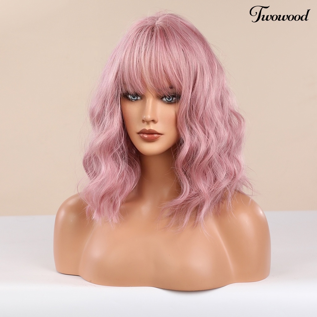 Twowood Cosplay Wig Universal Halus Ringan Pink Head Air Bangs Medium Long Curly Hair Wig Untuk Pesta