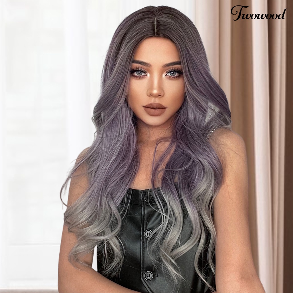 Twowood Gradient Wig Digunakan Kembali Fashion Berbulu Menarik Universal Lady Alat Kecantikan Ringan Medium Brown Gradient Ungu Abu Wig Keriting Panjang Untuk Rumah