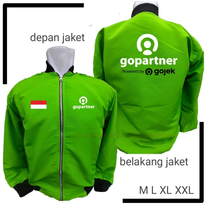 jaket bomber hijau sablon gopartner jaket bisa bolak balik