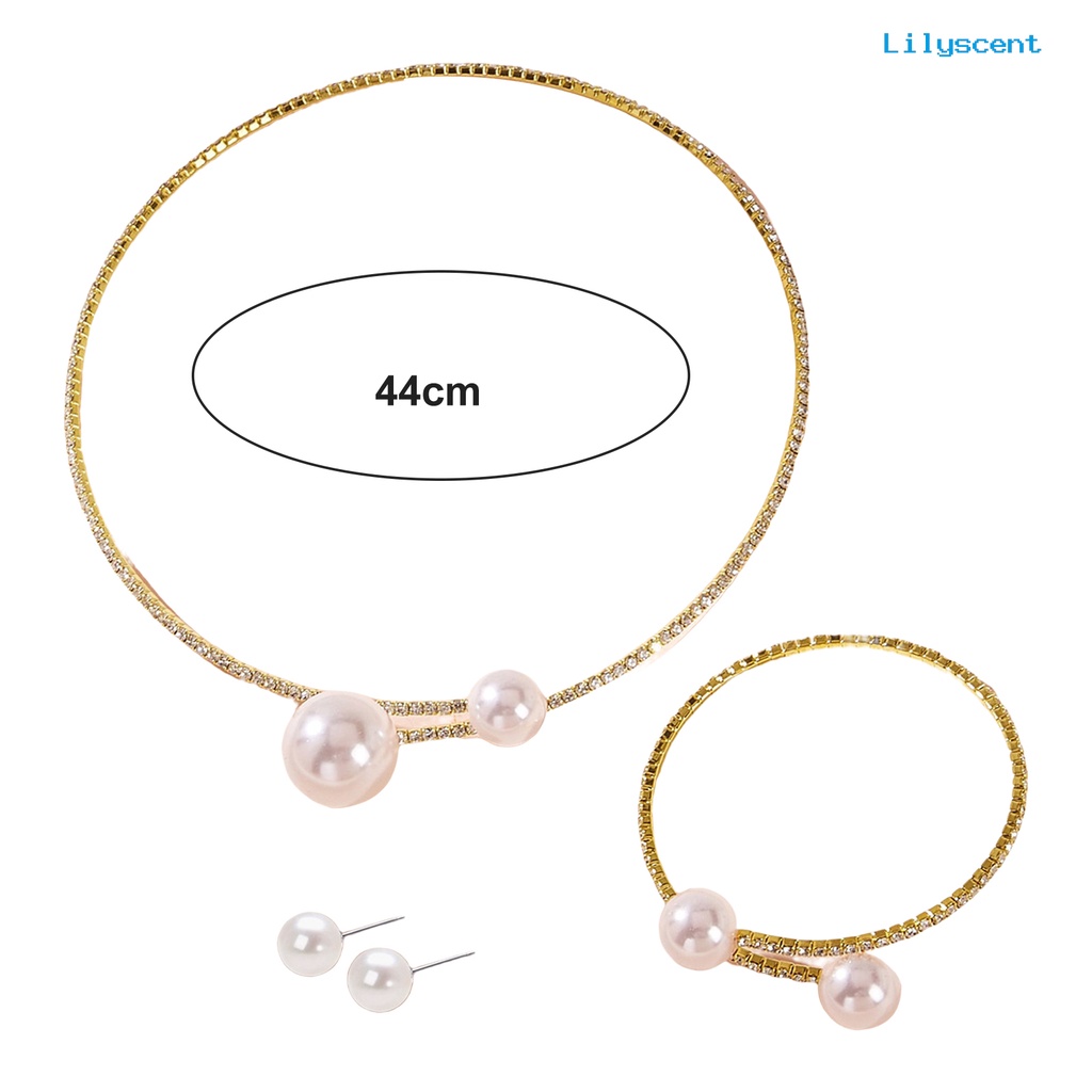 [LS]1 Set Perhiasan Wanita Set Mutiara Imitasi Dipoles Warna Kontras Pembukaan Berlian Imitasi Tubuh Dekorasi Adjustable Telinga Stud Klavikula Kalung Perhiasan Set Wanita Jewelry