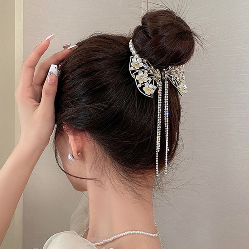 Camellia Busur Berlian Imitasi Mutiara Rumbai Kepala Bola High-End Hair Clip