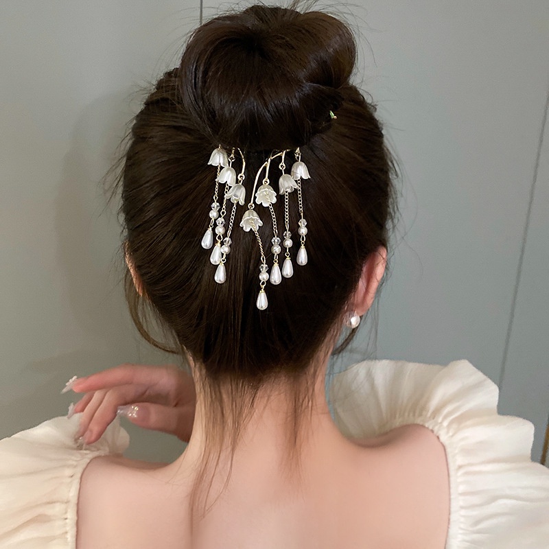 Gaya Baru Elegan Mori Manis Berlian Imitasi Mutiara Rumbai Lily of the Valley Hair Clip