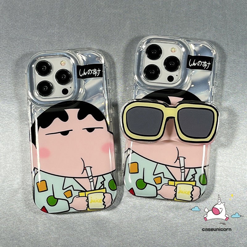 Memakai Kacamata Hitam Crayon Shin-Chan Kartun Hello Kitty Case Kompatibel Untuk IPhone 7Plus 11 13 14 12 Pro MAX 8 6 6S Plus X XR XS MAX SE 2020kartu Kreatif 3D Stereo Corrugation Case