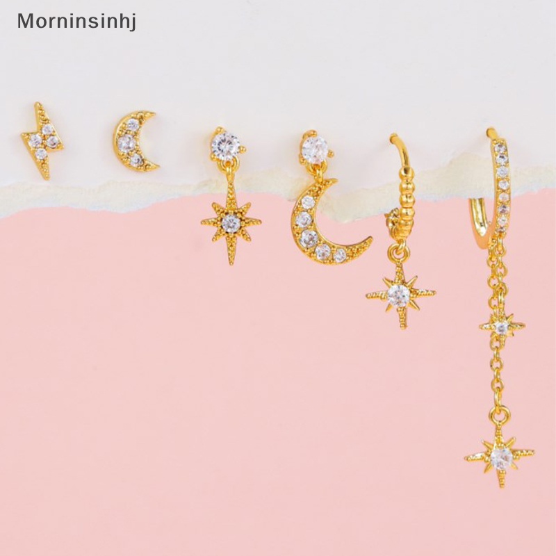 Mornin 6pcs Set Anting Tusuk Bentuk Bulan Bintang Kristal Zircon Campuran Untuk Wanita Perhiasan Warna Emas id