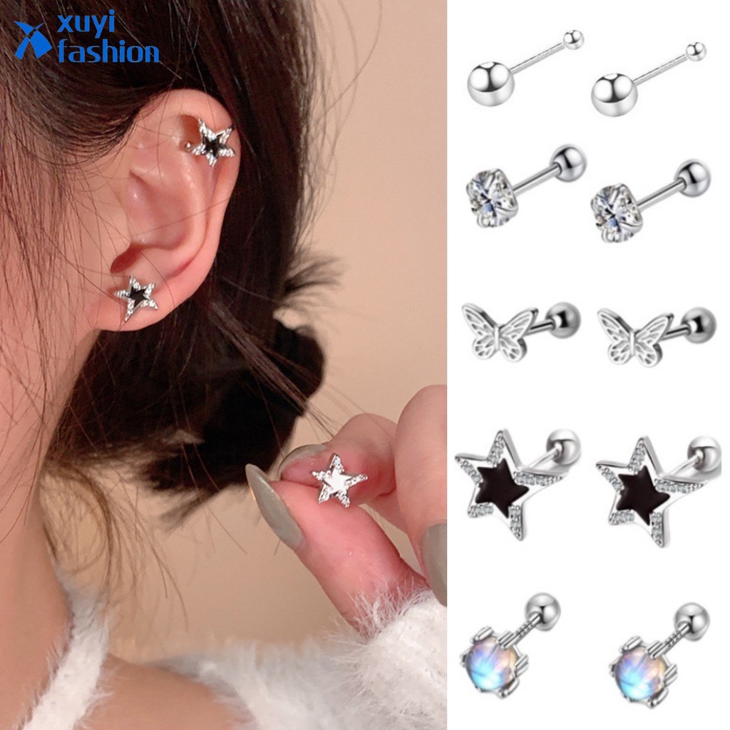 Bow Silver Earrings Y2K Pentagram Heart Zircon Stud Earring Untuk Wanita Fashion Perhiasan Aksesoris