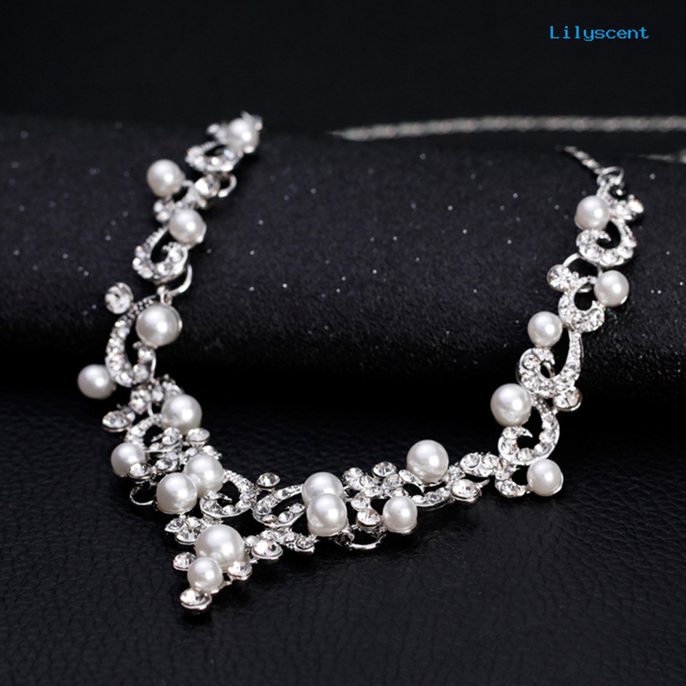 [LS]Fashion Alloy Berlian Imitasi Mutiara Imitasi Kalung Anting Wanita Pengantin Set Perhiasan