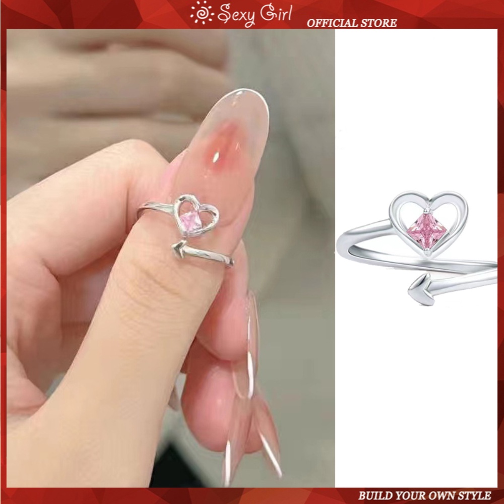 Sterling Silver Berbentuk Hati Merah Muda Berlian Cinta Cincin Untuk Wanita Individualized Gaya Keren Cinta Cincin Tunggal Cincin Terbuka Perhiasan Gadis Seksi