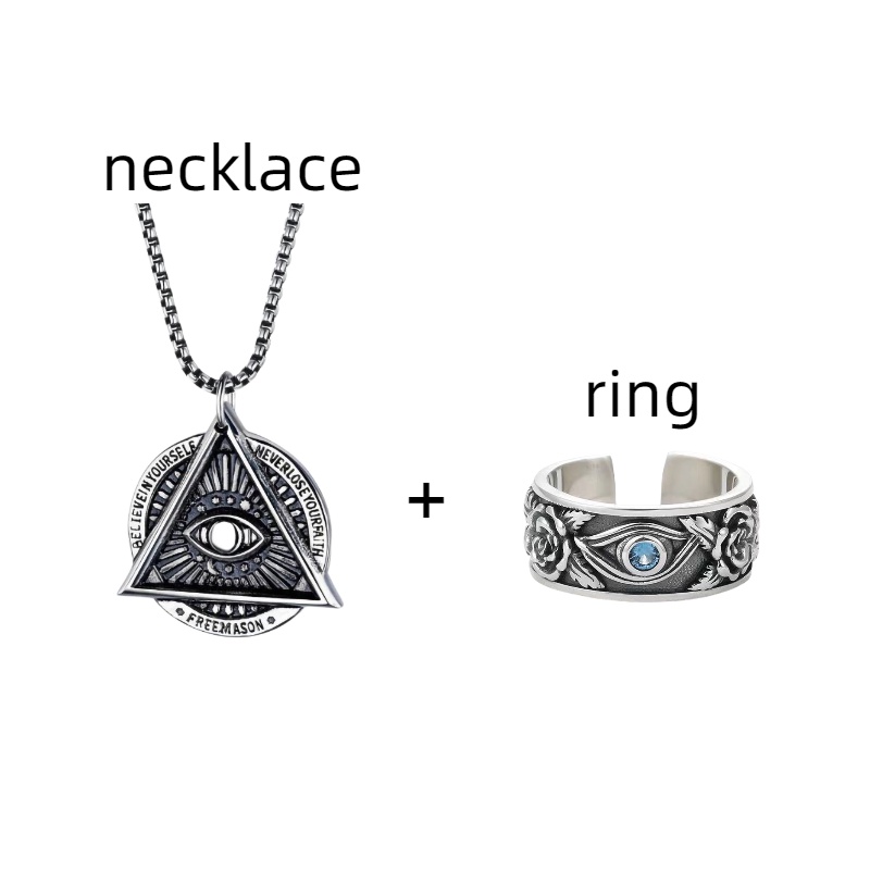 Set Cincin Kalung Mata Set Horus Demon, Kalung Rantai, Cincin Buka Mata Horus