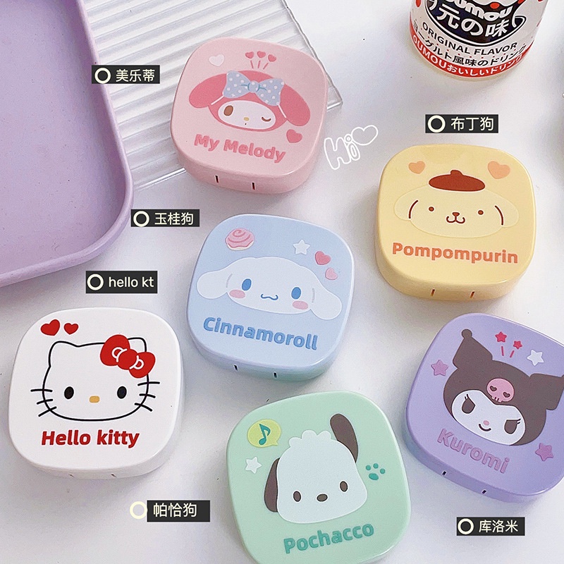 ღ Kotak Perawatan Lensa Kontak Sanrio Kotak Pendamping Lensa Kartun Lucu Dengan Cermin Kotak Perawatan My Melody Cinnamoroll Hello Kitty Pochacco Kuromi Square