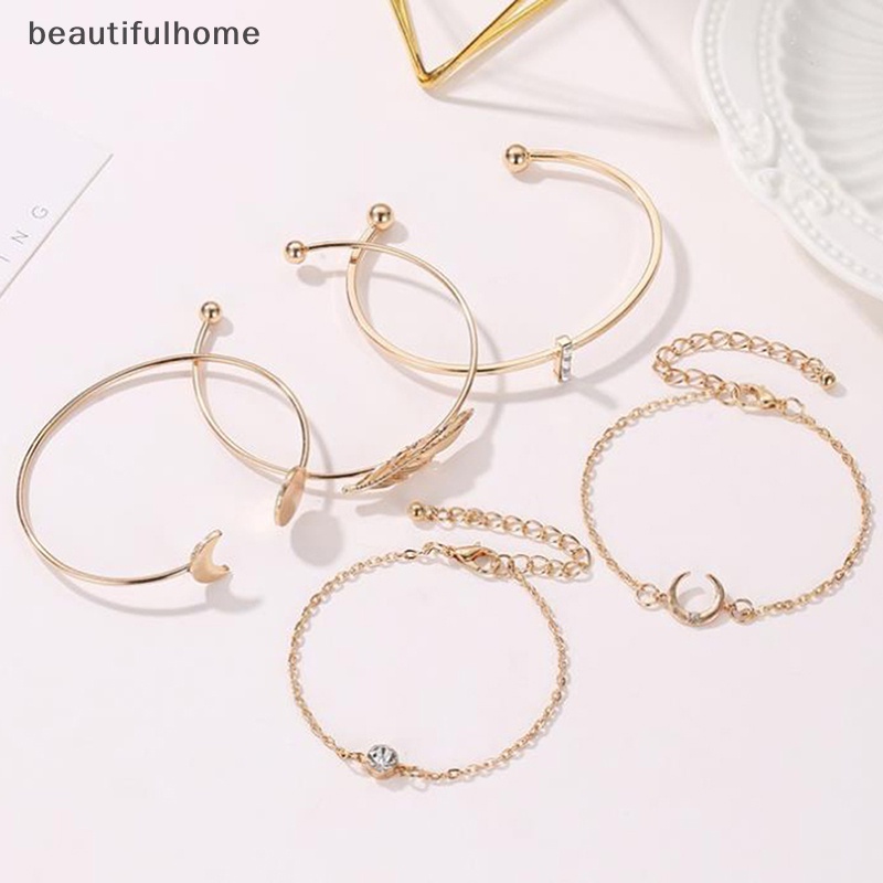 {beautifulhome} 5pcs /set Bohemian Emas Daun Bulan Terbuka Gelang Wanita Pantai Bangle Perhiasan Hadiah.