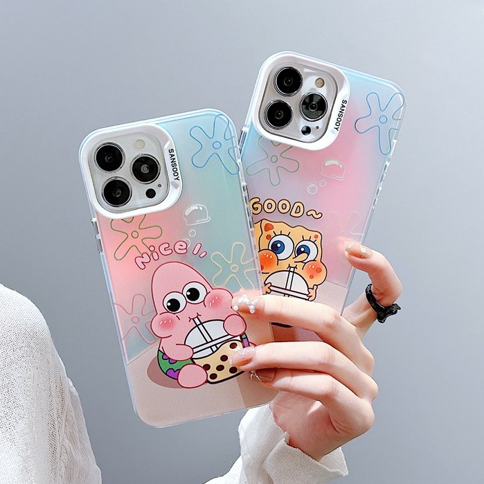 【Laser colorful】So Cute IMD high quality Milk Tea SpongeBob Hard Case for IPhone 11 12 13 14 Pro Max Women Girl Lovely Cartoon