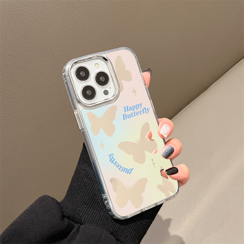 IPHONE Happy Butterfly Mirror Phone Case Kompatibel Untuk Iphone11 12 13 14 12Pro 13Pro 14Pro Pro Max XR X XS Max Electroplating Tombol Perlindungan Mirror Cover