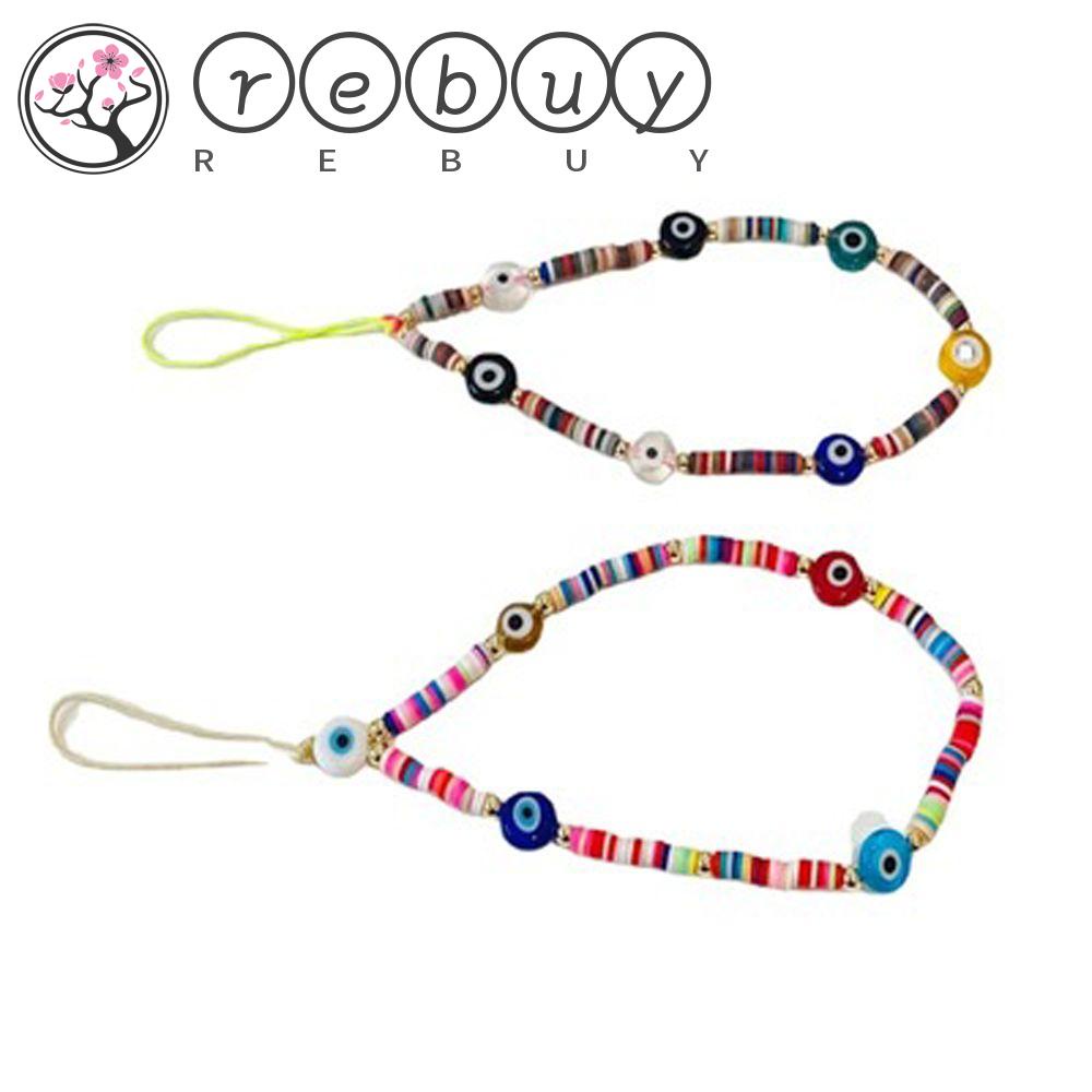 Rebuy Mobile Phone Lanyard Untuk Wanita Warna-Warni Manik-Manik Akrilik Telepon Perhiasan Ponsel Pesona Anti-Lost Lanyard Evil Eye Jewelry