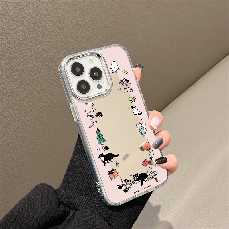 IPHONE Casing Ponsel Cermin Kartun Kompatibel Untuk Iphone11 12 13 14 12Pro 13Pro 14Pro Pro Max XR X XS Max Electroplating Tombol Perlindungan Mirror Cover