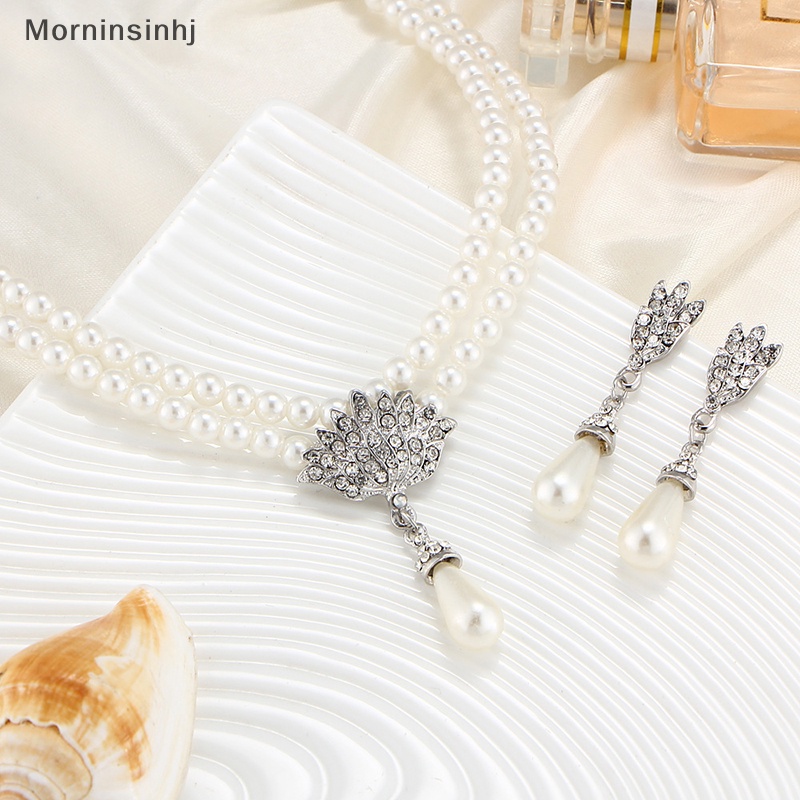 Mornin Elegan Simulasi-Mutiara Set Perhiasan Pengantin Berlian Imitasi Pearl Drop Kalung+Anting Pernikahan Perhiasan Hadiah id