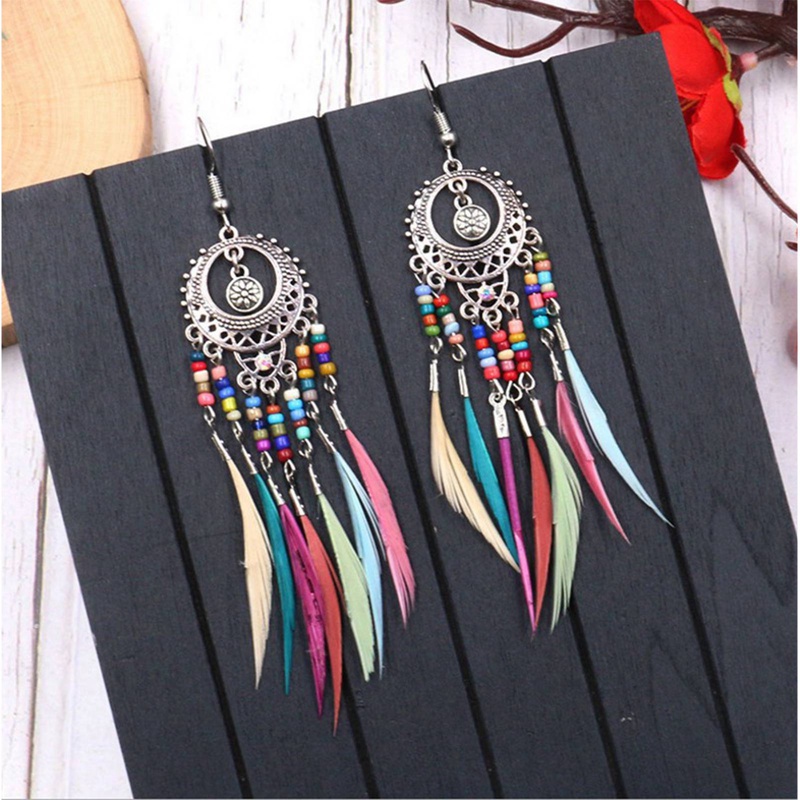 Bohemian Anting Rumbai Untuk Wanita Menjuntai Anting Panjang Bulu Boho Drop Earrings Biji Manik Perhiasan Vintage