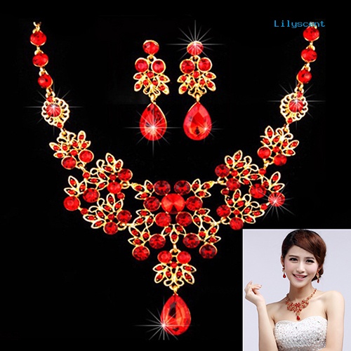 [LS]Bridal Pesta Pernikahan Merah Warna Emas Paduan Liontin Kalung Anting Set