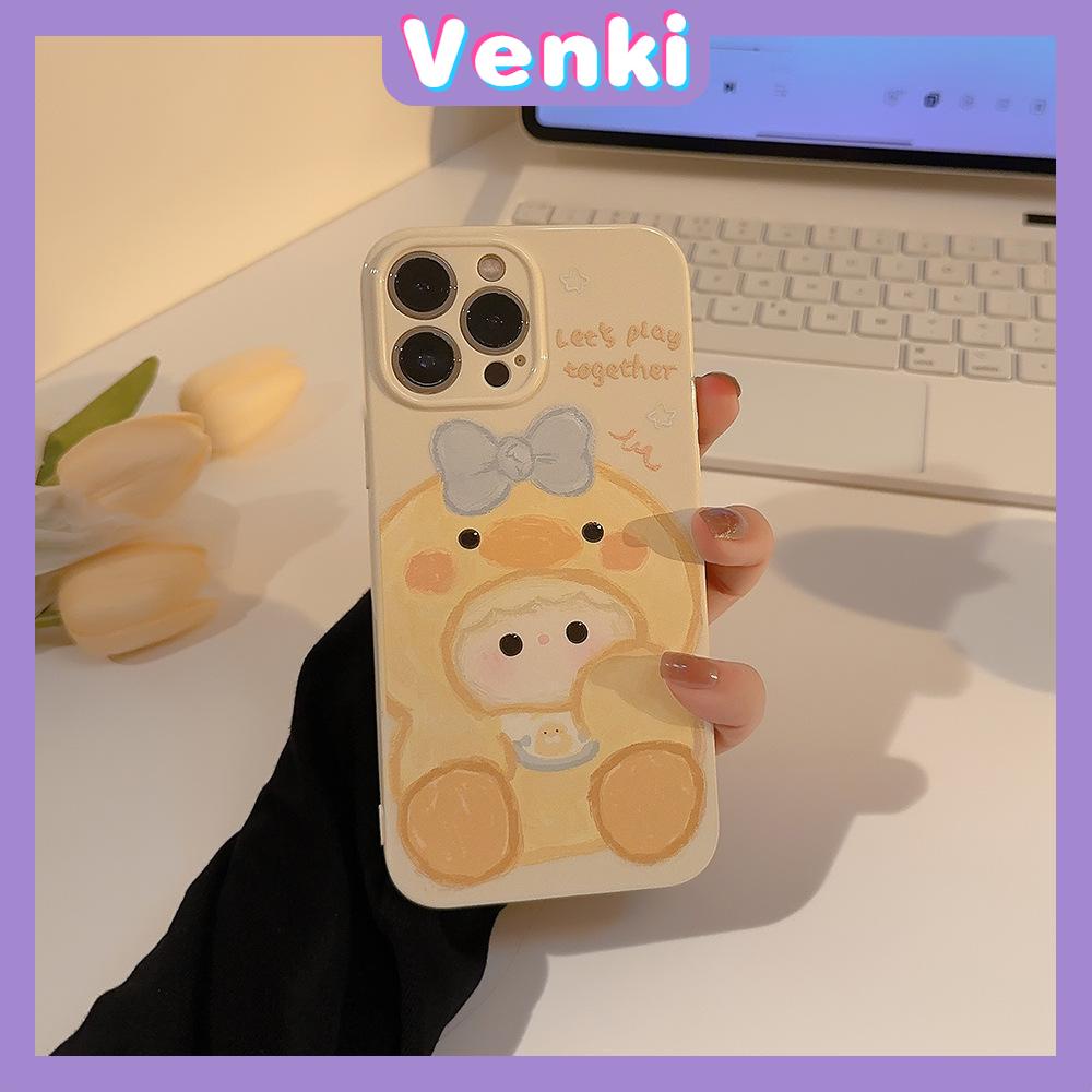 VENKI - Untuk iPhone 11 iPhone Case Cream Glossy Film TPU Soft Shockproof Phase Cover Protection Cute Yellow Duck Kompatibel dengan iPhone 14 13 Pro max 12 Pro Max xr xs max 7 8Plus