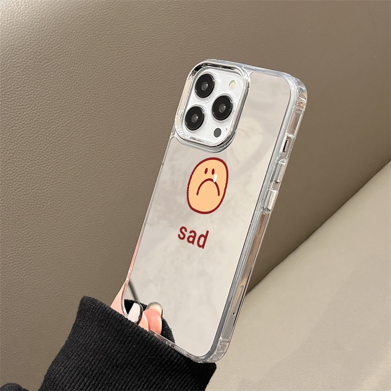 IPHONE Sad Emoji Mirror Phone Case Kompatibel Untuk Iphone11 12 13 14 12Pro 13Pro 14Pro Pro Max XR X XS Max Electroplating Tombol Perlindungan Mirror Cover