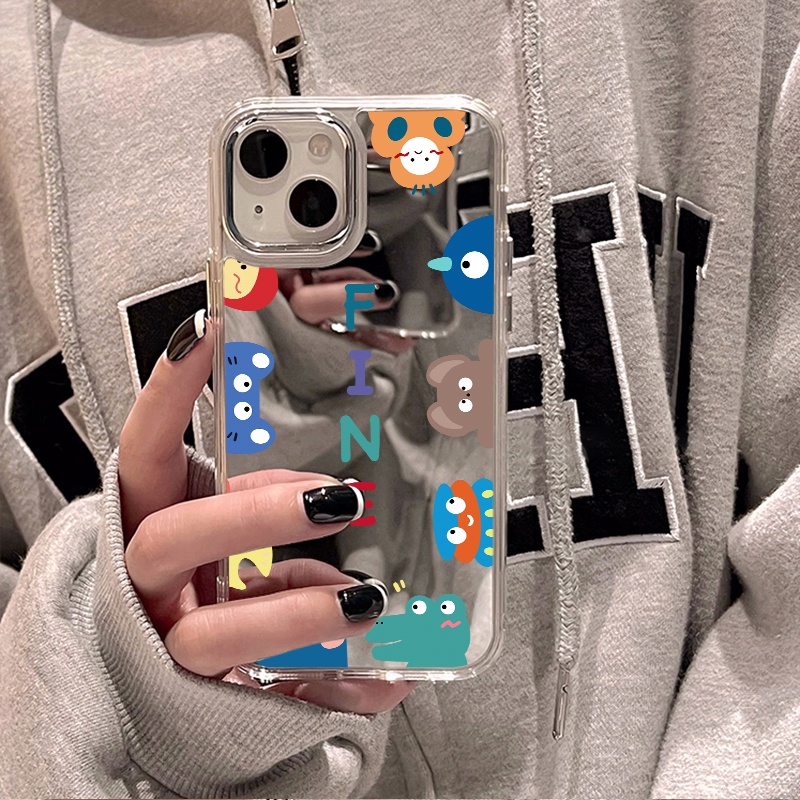 IPHONE Kartun Hewan Cermin Ponsel Case Kompatibel Untuk Iphone11 12 13 14 12Pro 13Pro 14Pro Pro Max XR X XS Max Electroplating Tombol Perlindungan Mirror Cover