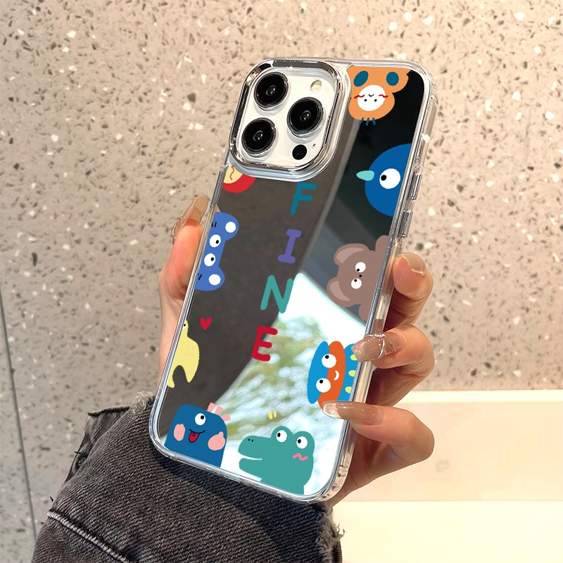 IPHONE Kartun Hewan Cermin Ponsel Case Kompatibel Untuk Iphone11 12 13 14 12Pro 13Pro 14Pro Pro Max XR X XS Max Electroplating Tombol Perlindungan Mirror Cover