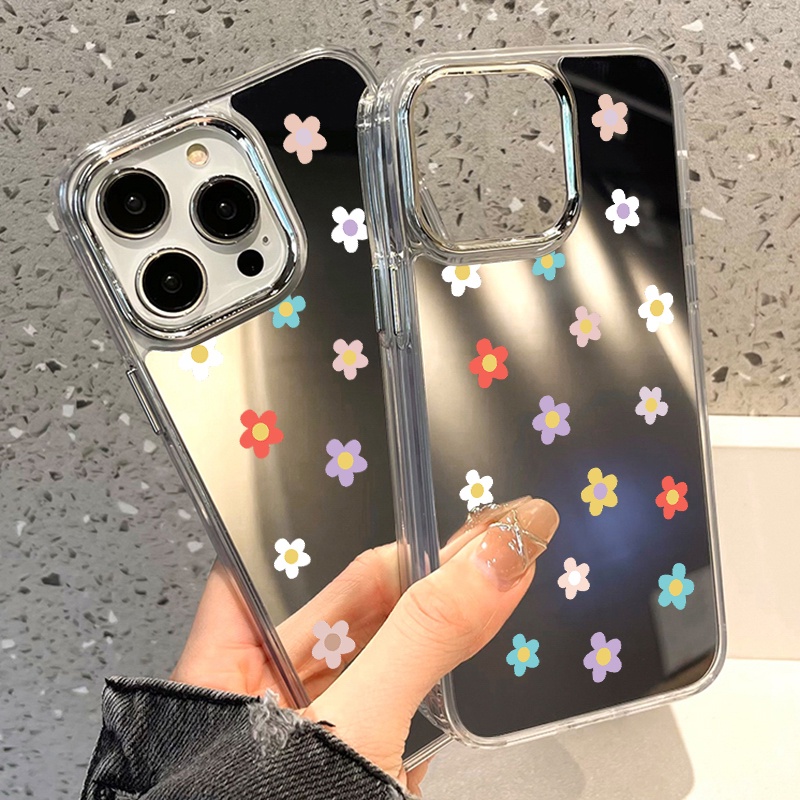 IPHONE Casing Ponsel Cermin Bunga Warna-Warni Kecil Kompatibel Untuk Iphone11 12 13 14 12Pro 13Pro 14Pro Pro Max XR X XS Max Electroplating Tombol Perlindungan Mirror Cover