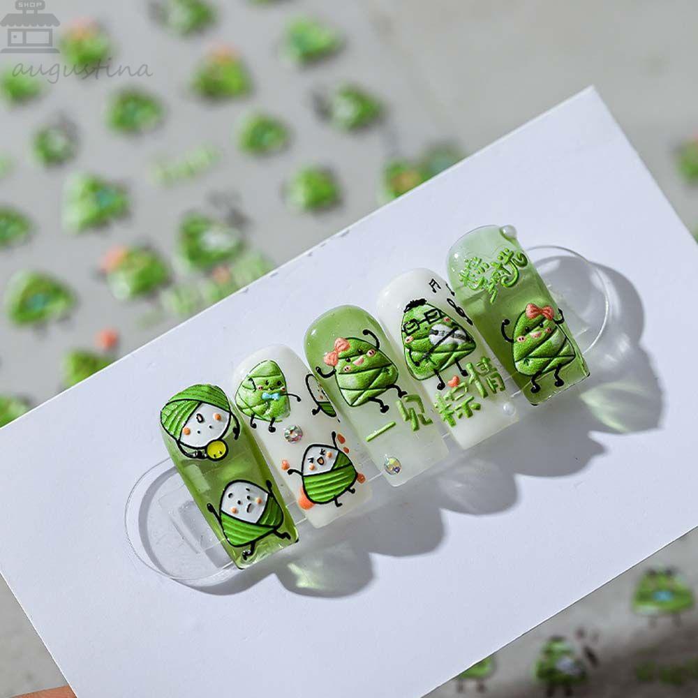 AUGUSTINA Agustina Zongzi Stiker Kuku Lucu Daun Hijau Perekat Diri Stiker Tipis Tangguh Zongzi DIY Manicure Aksesoris Nail Foil Decals