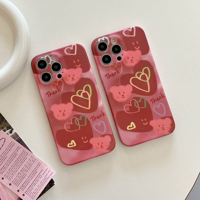 Cute Red Love Bear Soft TPU Case iP iPhone 6 6S 7 8 14 + Plus SE 2020 2022 X XR XS Max 11 12 13 Pro Max FTD Casing Apple