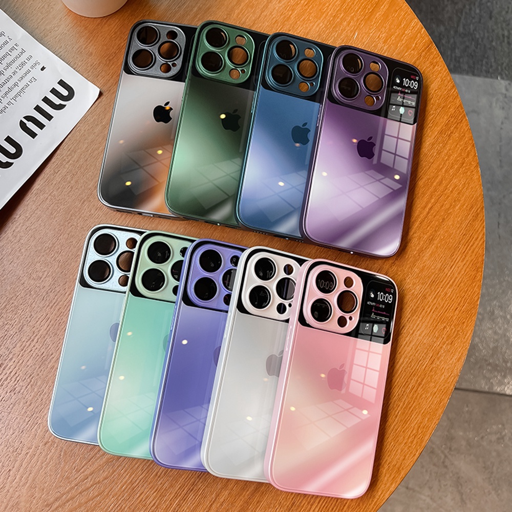 IPHONE Casing Ponsel Kaca Tempered Gradasi Untuk Iphone11 12 13 14 Pro Max14 Plus Case Silikon Cair Pelindung Kamera Shockproof Bumper Casing