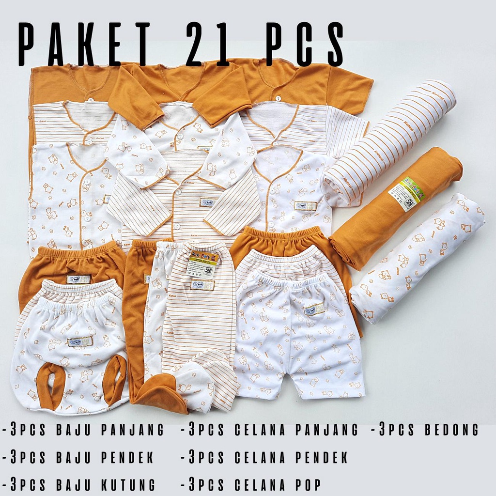 Paket Isi 21 pcs Perlengkapan Baju Celana Bedong Bayi Baru Lahir 0 3 Bulan Cewek Cowok Nyaman Lembut parsel