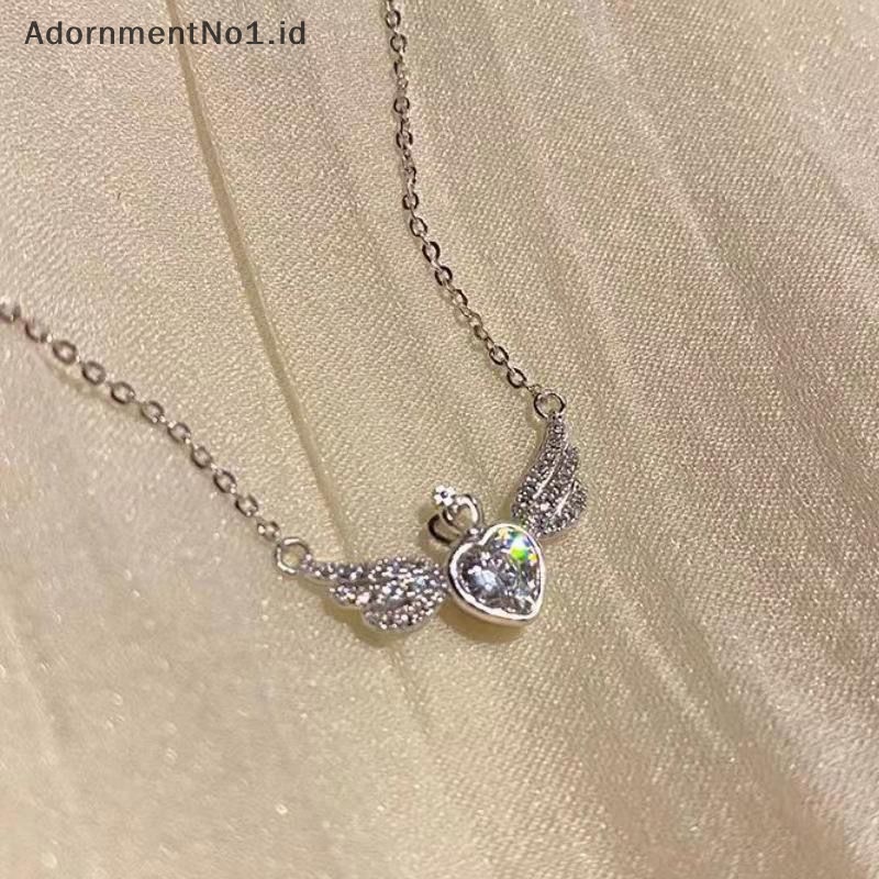 [AdornmentNo1] Gaya korea Fashion kristal hati sayap liontin kalung warna perak mahkota rantai klavikula untuk wanita pernikahan perhiasan Aesthetic