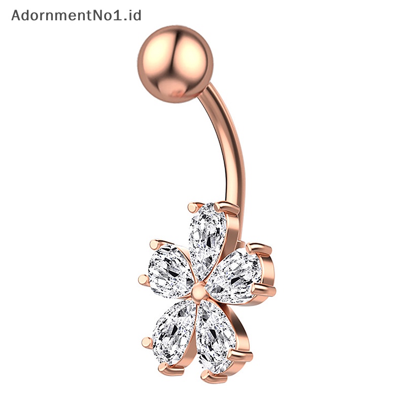 [AdornmentNo1] Cincin kancing perut Stainless Steel bunga kristal pusar kancing perut cincin tubuh perhiasan untuk wanita pantai perut pusar cincin