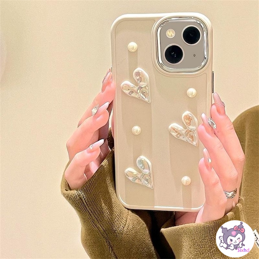 Compatible For iPhone 14 13 12 11 Pro Max SE2020 X Xr Xs Max 8 7 6 6s Plus Fashion  3D Love Heart Cream Pearl Metal Buttons Shockproof Phone Case Soft Cover