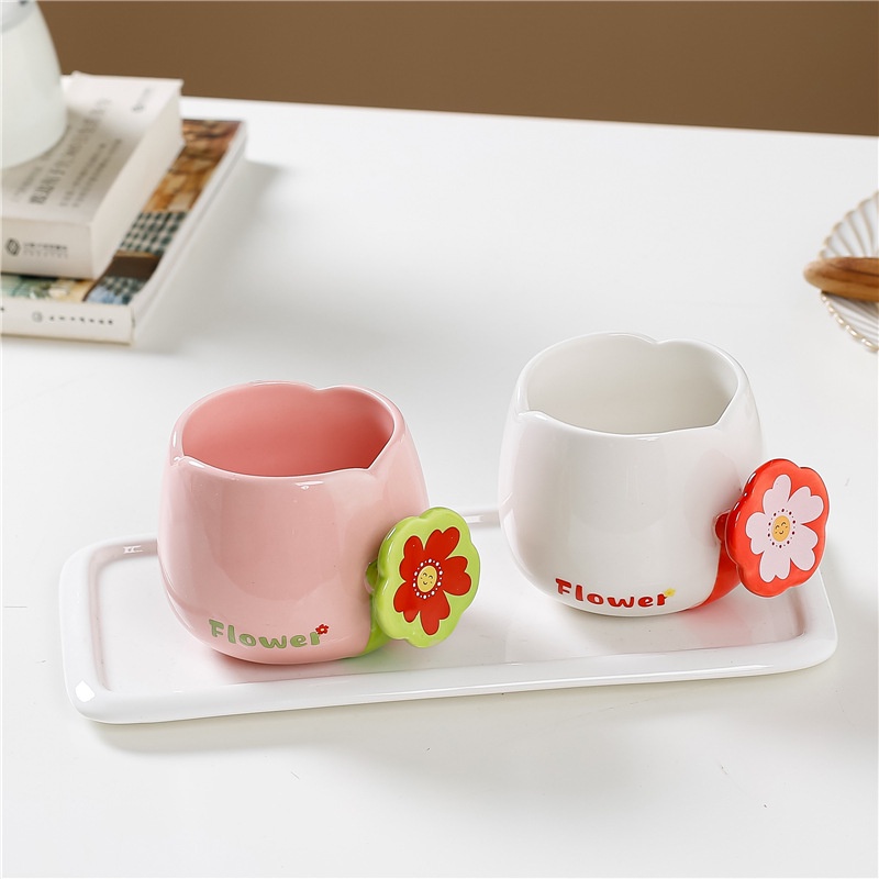 ღ 300Ml Bunga Kreatif Keramik Cangkir Kopi Mug Sarapan Susu Jus Teh Cangkir Air Minum Set Teh Keramik Kantor Souvenir Hadiah Teman