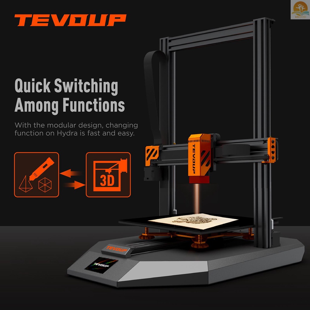 In Stock TEVOUP HYDRA 3D Printer Laser Engraver 2in1 Mesin Ukir 305x305x400mm Build Volume Dengan Platform Kaca Kisi Pemanasan Cepat Bed 4.3 Inch Touchscreen Ultra-Silent