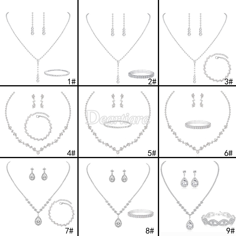 Fashion Berlian Imitasi Set Perhiasan Pengantin Pernikahan Logam Kristal Tetesan Air Gelombang Kalung Anting Gelang