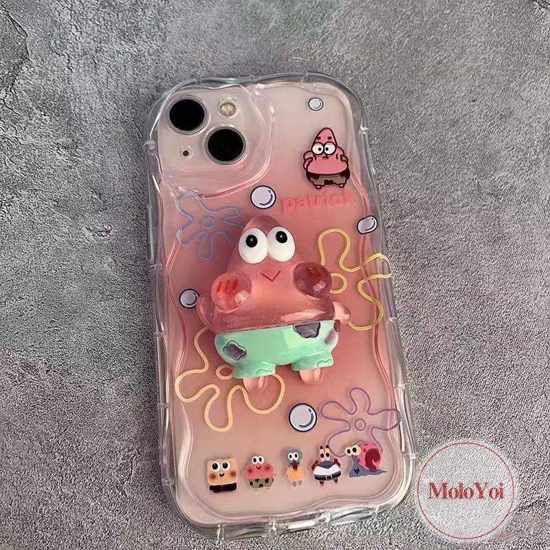 Cartoon Couples 3D Wavy Curved Edge Case Compatible for iPhone 11 13 12 14 Pro Max 7 6 6s 8 Plus XR X XS Max SE 2020 DIY Cute Spongebob Patrick Star 3D Steric Doll Stand Soft Cover