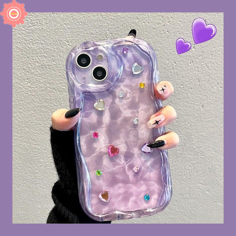 Case Kompatibel Untuk iPhone 7Plus 11 13 14 12 Pro Max XR X8 6 7 6s Plus XS Max Se2020 3D Wavy Curved Edge Art Water Ripple Gradient Purple Pink Case Dengan Stiker Berlian