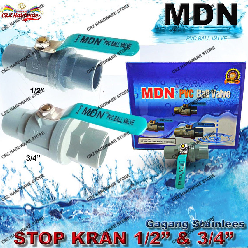 Stop Kran Ball Valve Handle Besi Stainless Stop kran MDN Pipa PVC 1/2 inch dan 1/4 inch