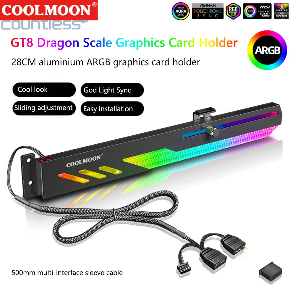 Coolmoon GT8 Kartu Video Komputer Horizontal GPU Holder GPU Support 5V A-RGB Bracket Slide Adjustment Untuk ASUS/MSI