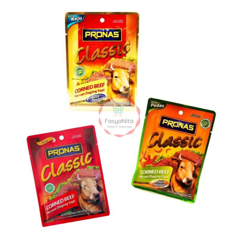 

PRONAS CORNED BEEF KORNET DAGING SAPI CLASSIC ORIGINAL KEJU SPICY 50 GRAM