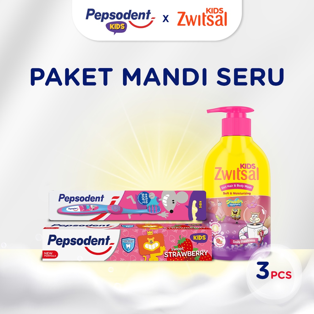 [PAKET MANDI SERU] Pepsodent Toothbrush 1PC + Pepsodent Toothpaste 45G + Zwitsal Kids Hair & Body Wa