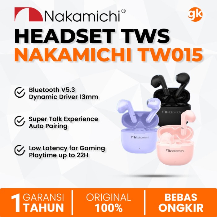 NAKAMICHI TWS Headset Bluetooth Wireless TW015 V5.3 Earphone Earbuds Low Latency for Gaming Android iOS